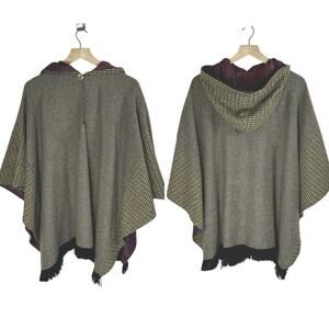 Vtg Wool Keyhole Neck Fringe Hem Pullover Hooded Cape Poncho Gray Women One Size